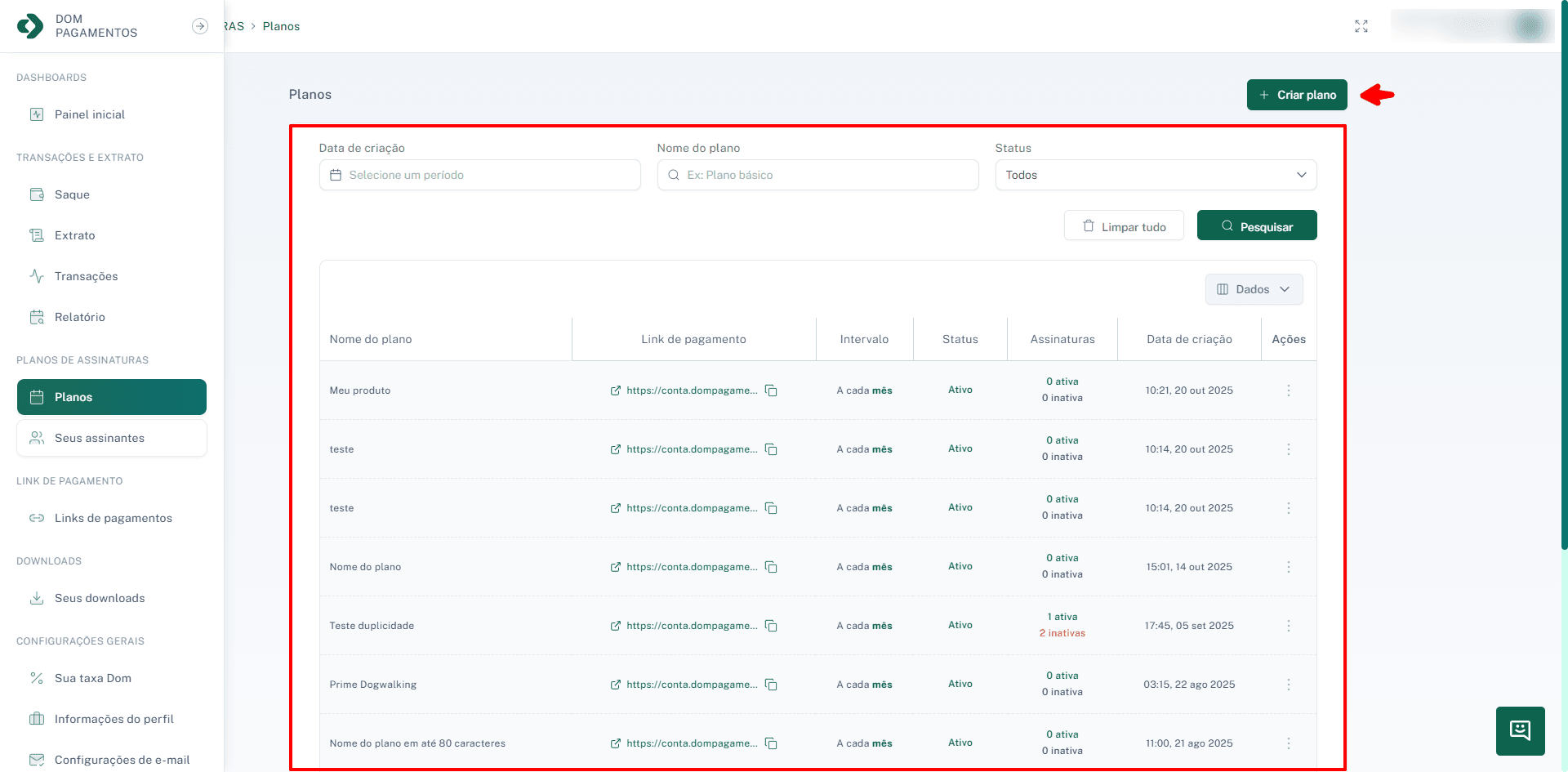 Visão geral da tela de gerenciamento de planos.