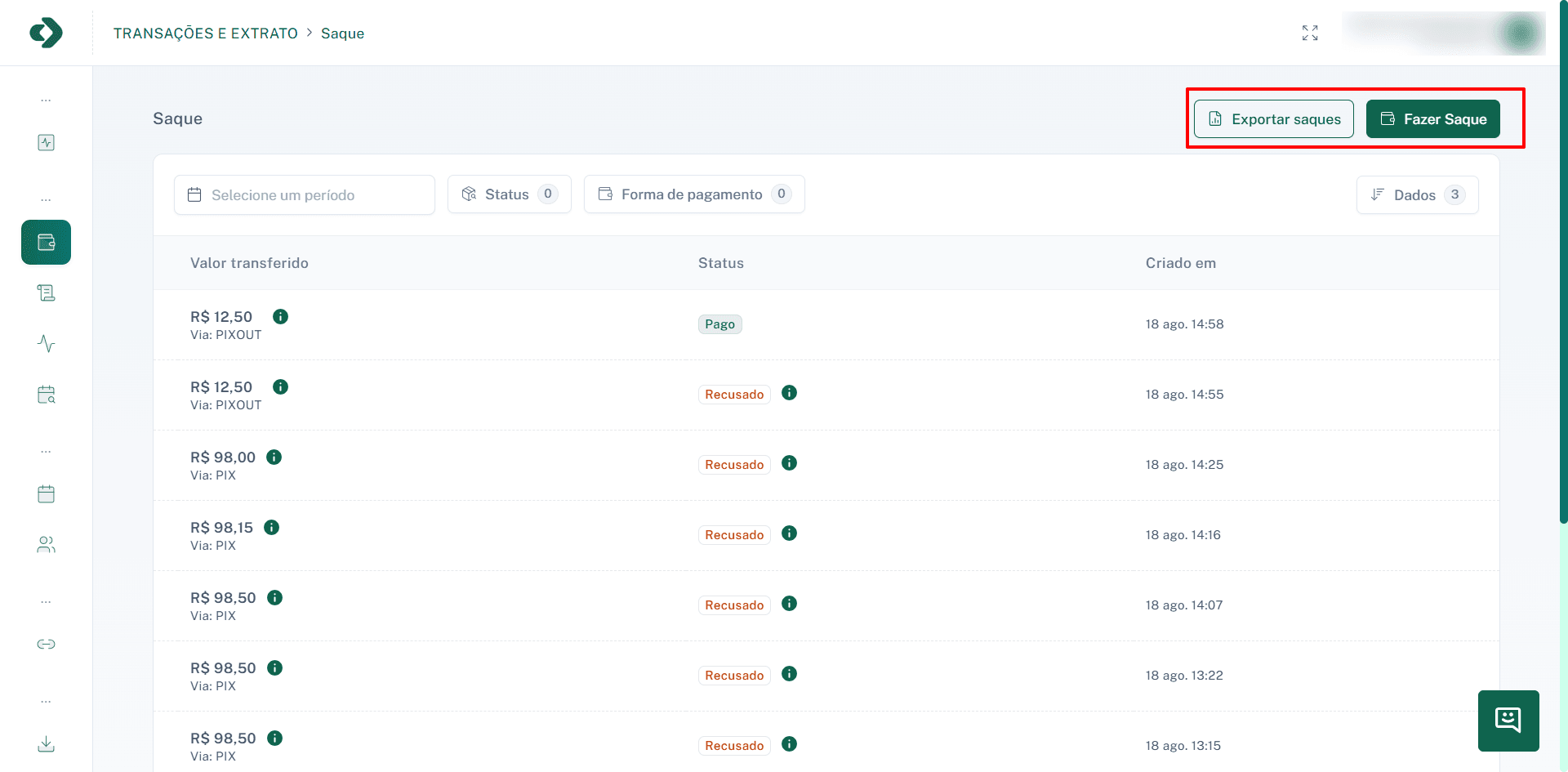 Botão "Fazer Saque" em destaque na interface.