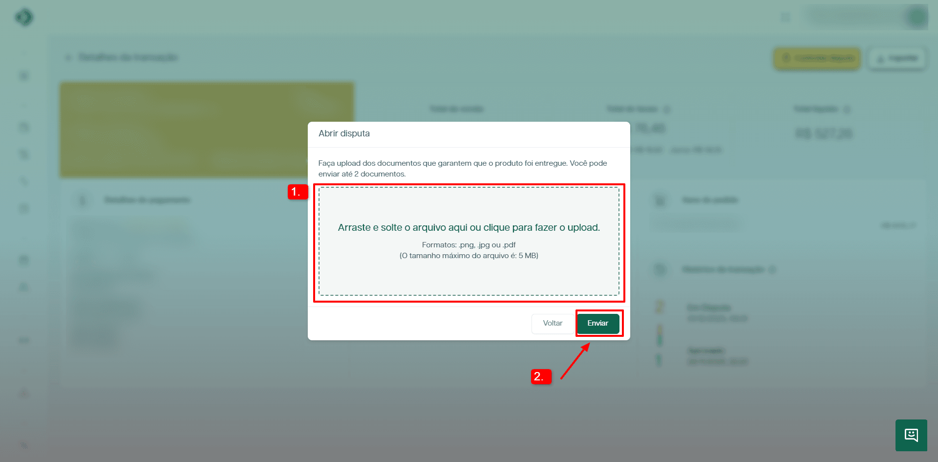 Tela para fazer o upload dos documentos da contestação.