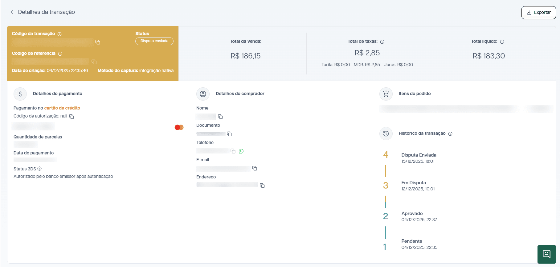 Histórico da transação mostrando o status 'Disputa enviada'.