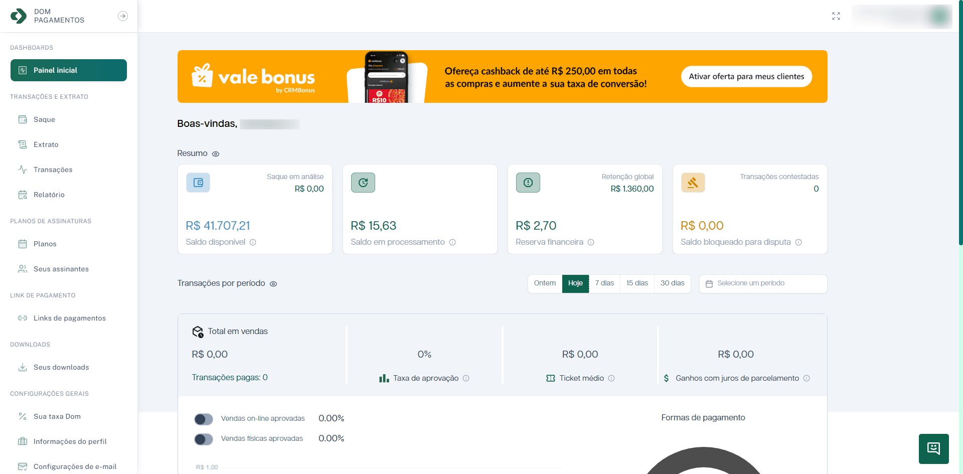 Seção de Resumo Financeiro do painel.