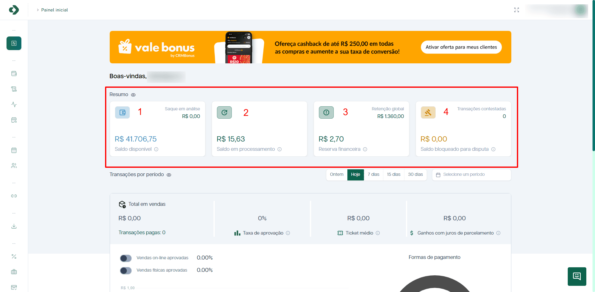 Painel de Resumo Financeiro na Dom Pagamentos.