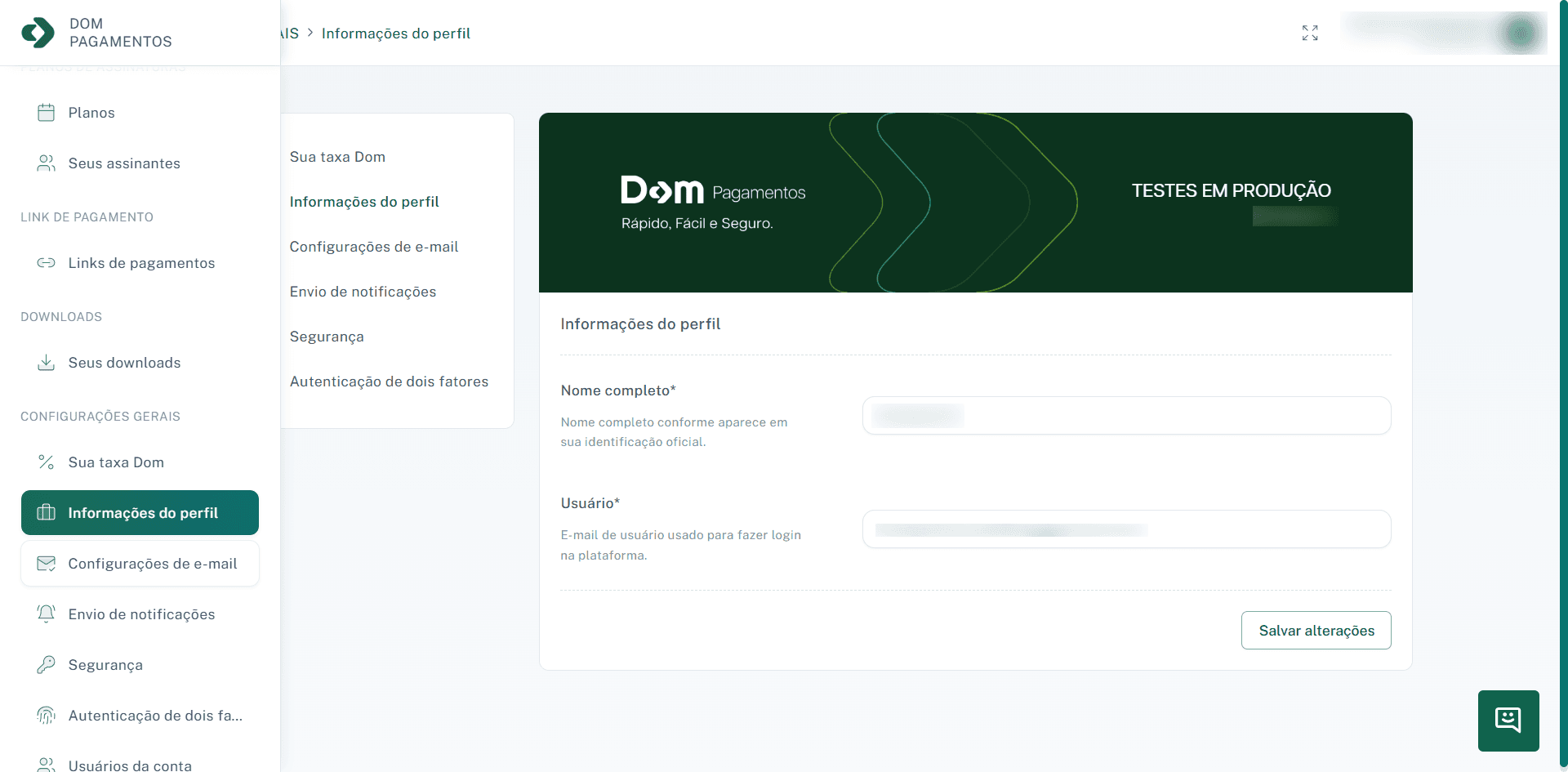 Painel de gerenciamento de informações do perfil.