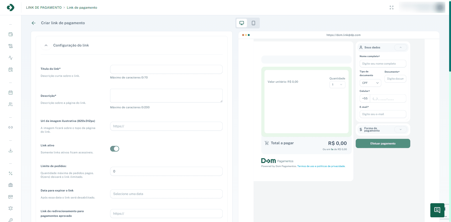 Tela de criação e edição de links de pagamento.