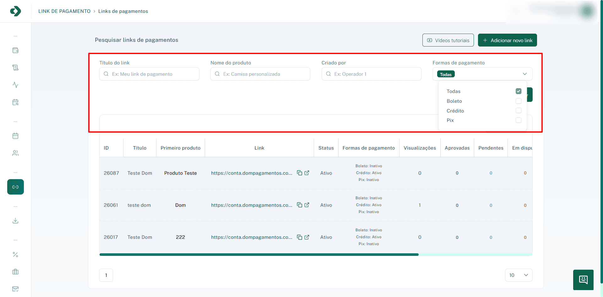 Filtros disponíveis para pesquisa de links de pagamento.