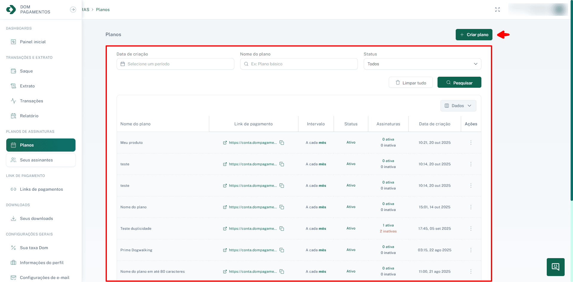 Visão geral da tela de gerenciamento de planos.