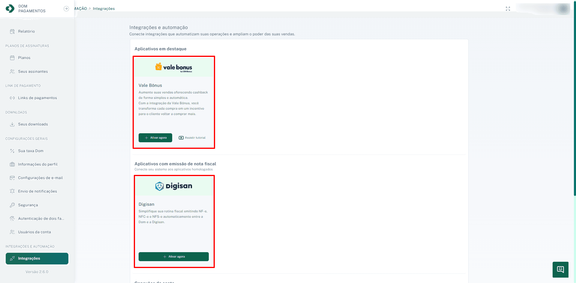 Seção de aplicativos em destaque na tela de integrações.