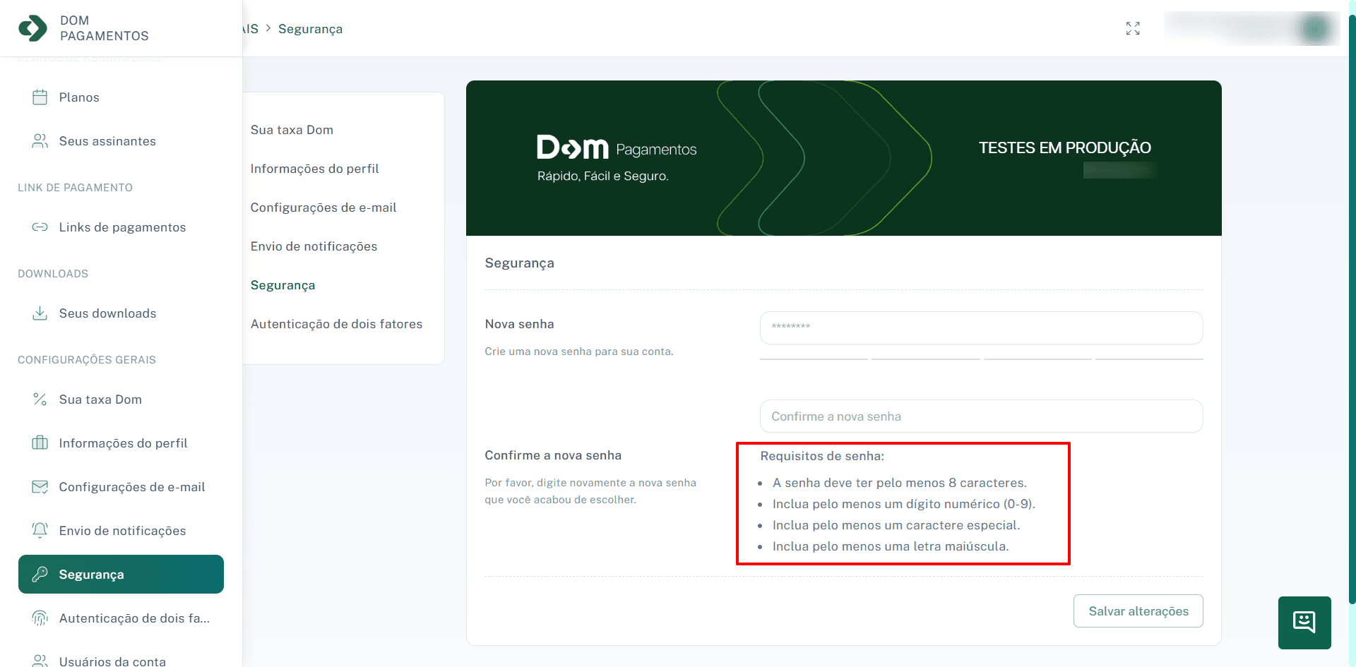 Painel para alteração de senha.