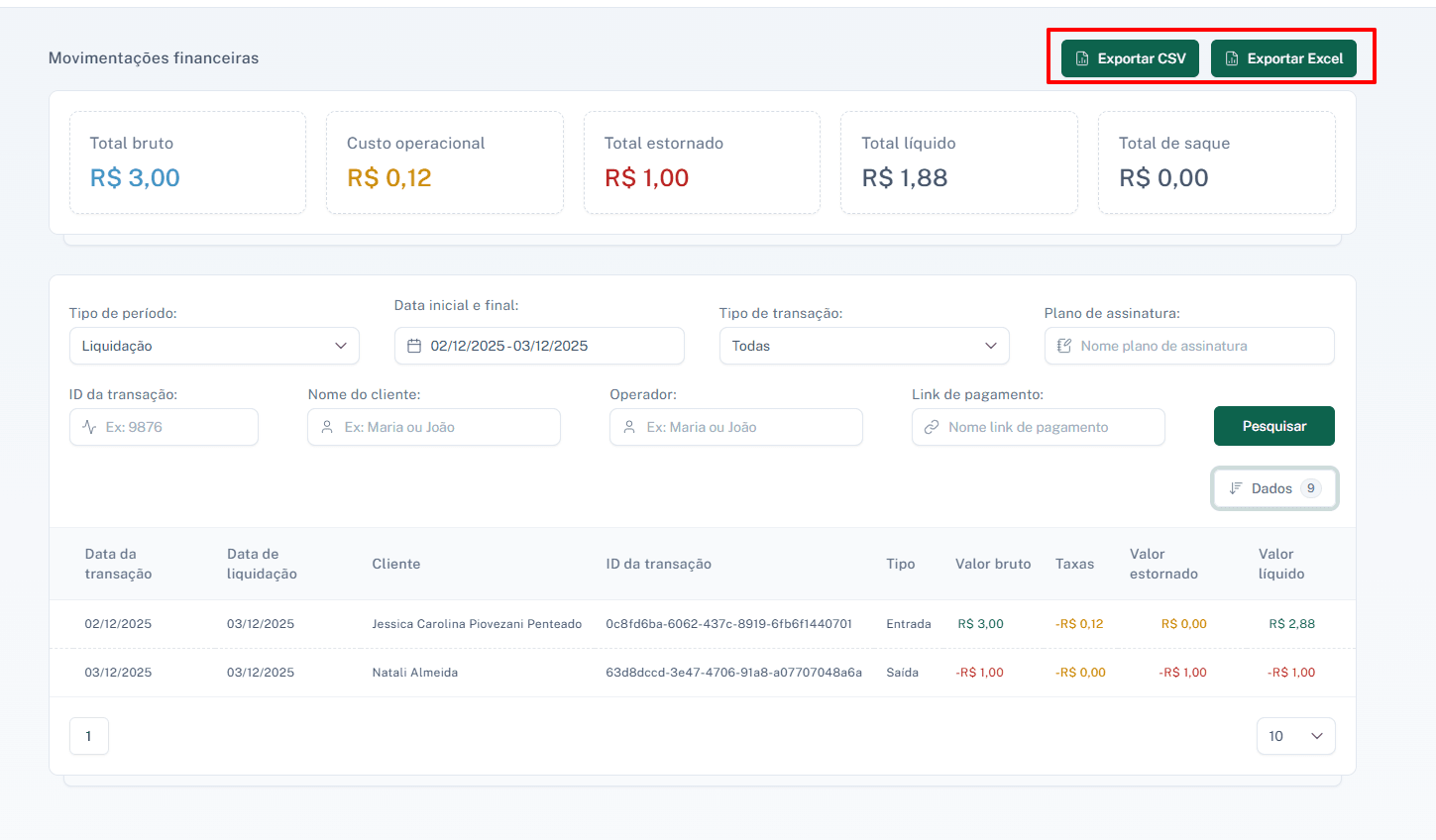 Botões para exportar os dados em formato CSV ou Excel.