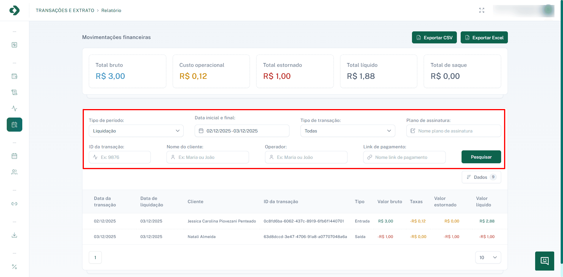 Seção de filtros e pesquisa da tela de movimentações.