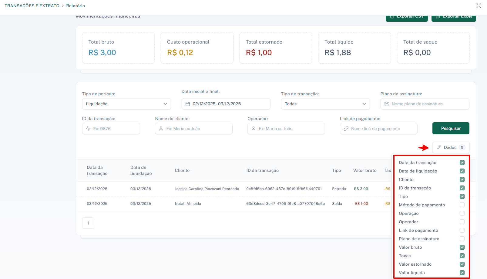 Menu para personalizar as colunas de dados exibidas na tabela.