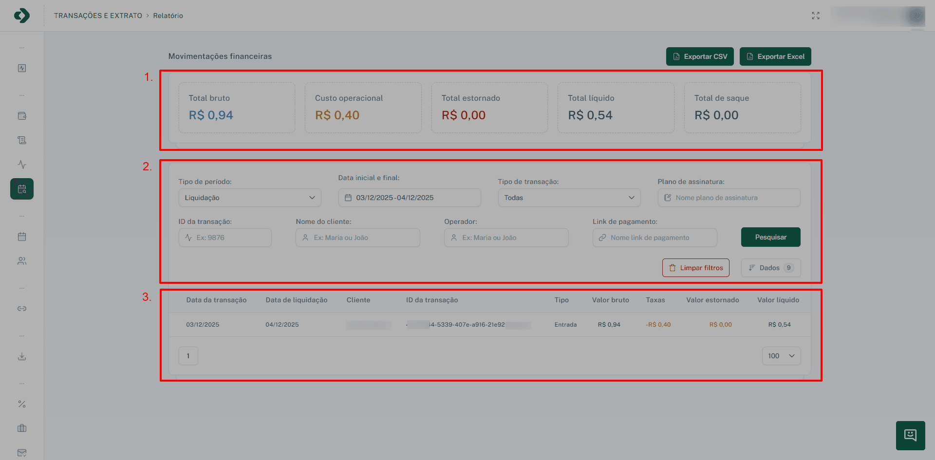 Visão geral da tela de movimentações financeiras.