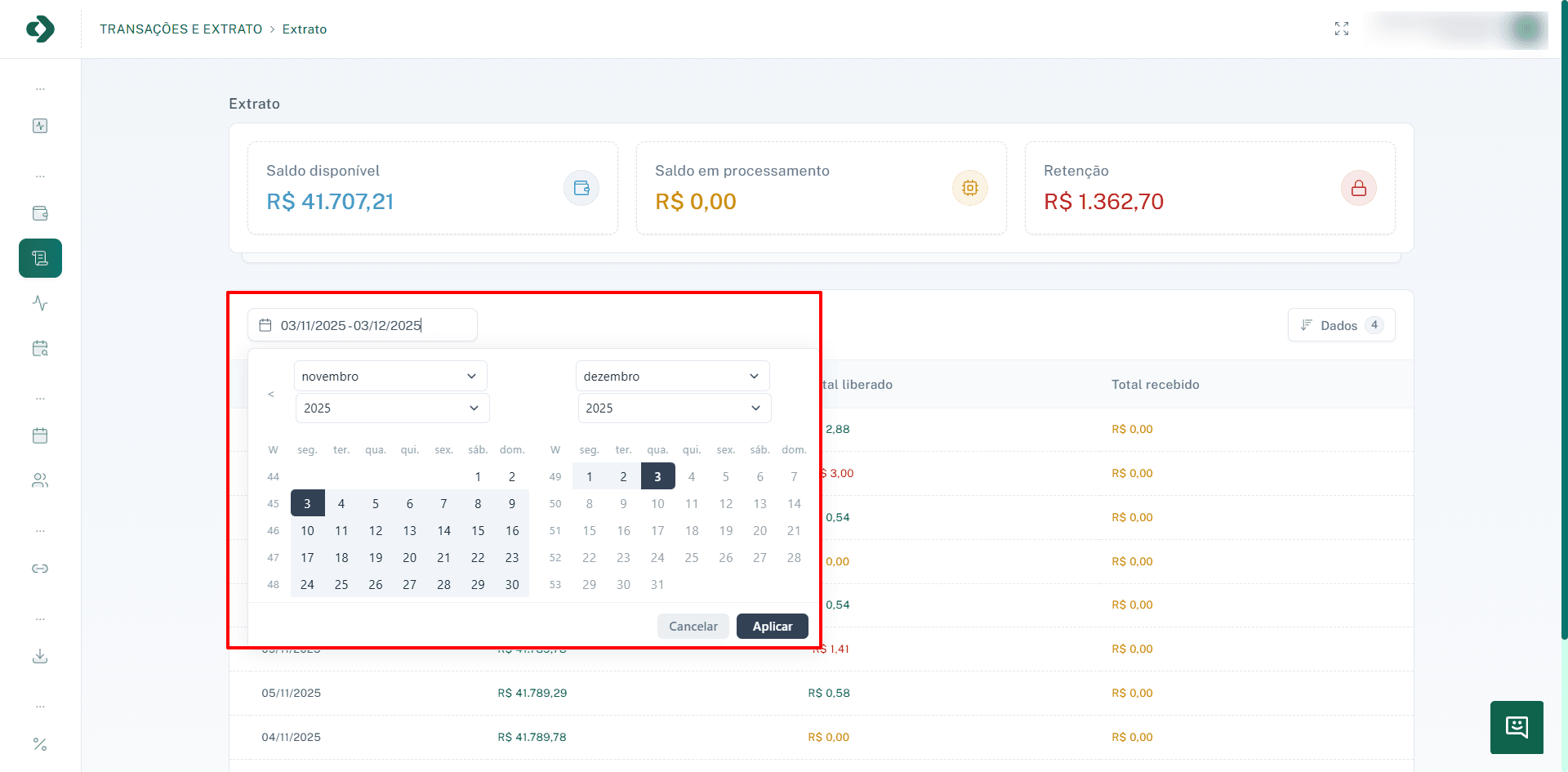 Filtro de período para selecionar um intervalo de datas.