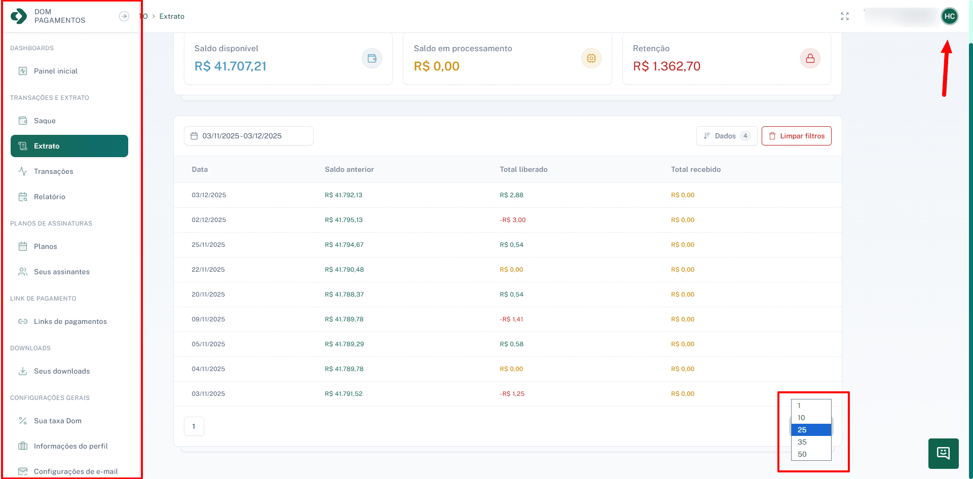 Visão geral da tela incluindo menu lateral, paginação e informações da conta.