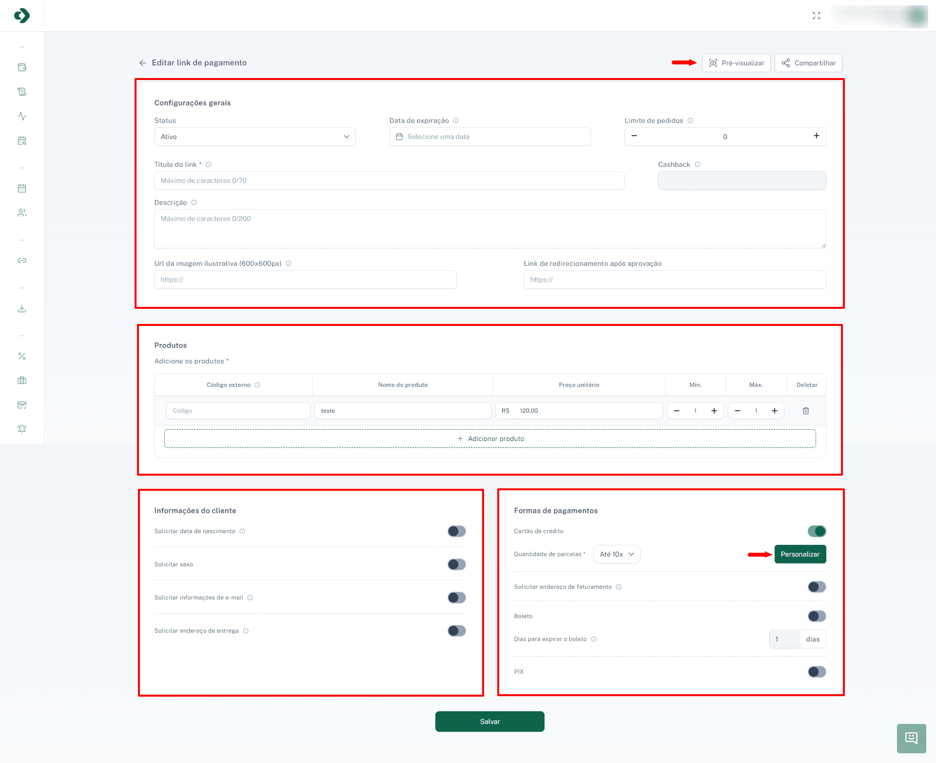 Tela de criação e edição de links de pagamento.