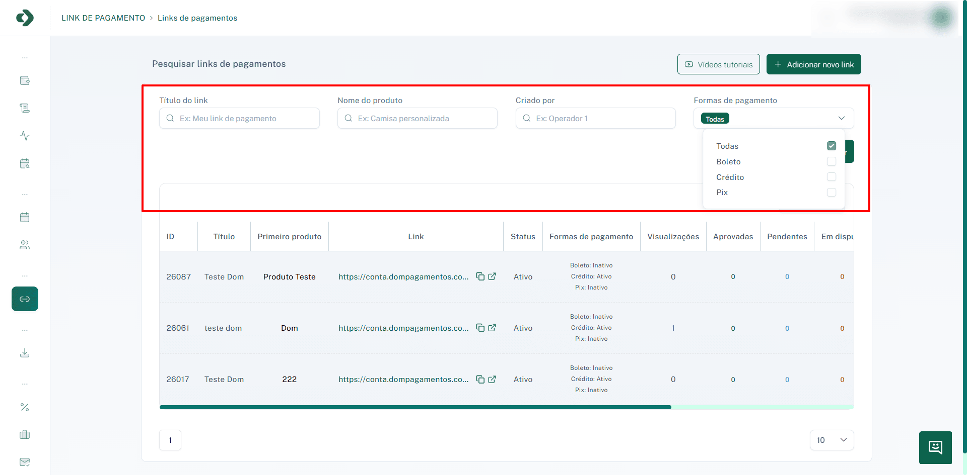 Filtros disponíveis para pesquisa de links de pagamento.