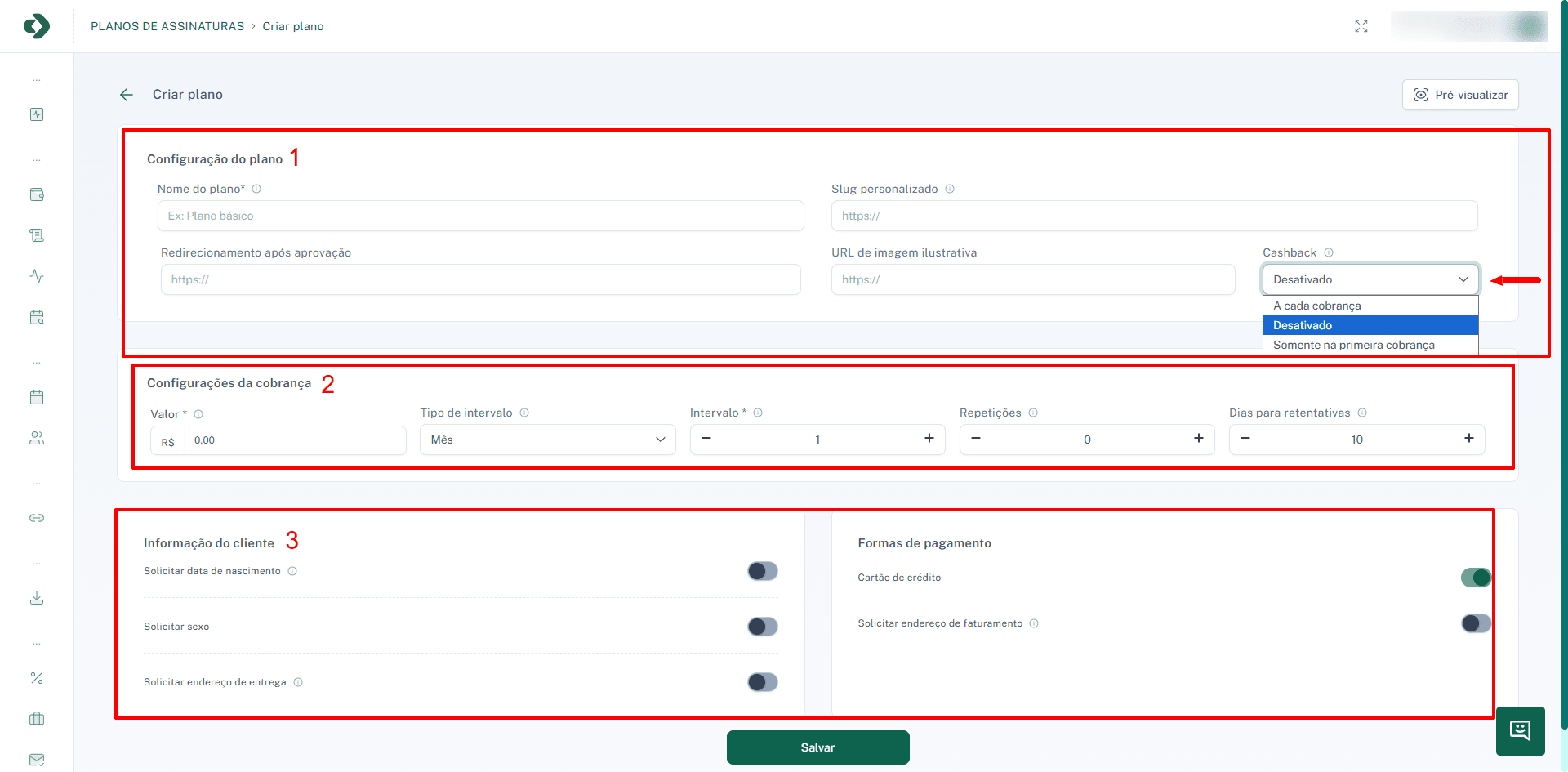 Tela de criação de um novo plano de assinatura.