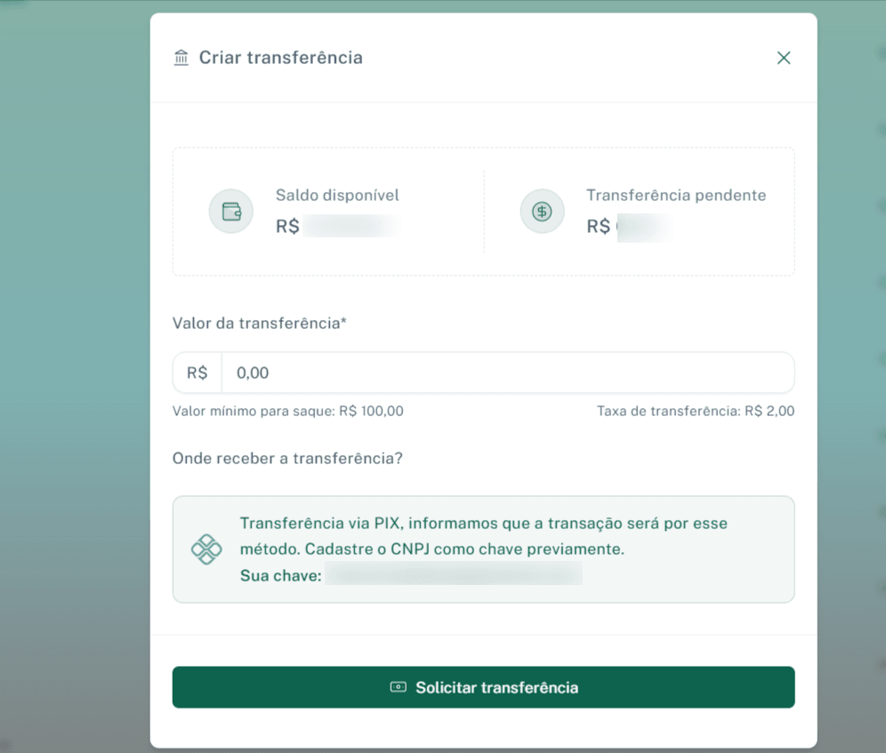 Modal para criar uma nova transferência de saque, mostrando campos de valor e método de recebimento.