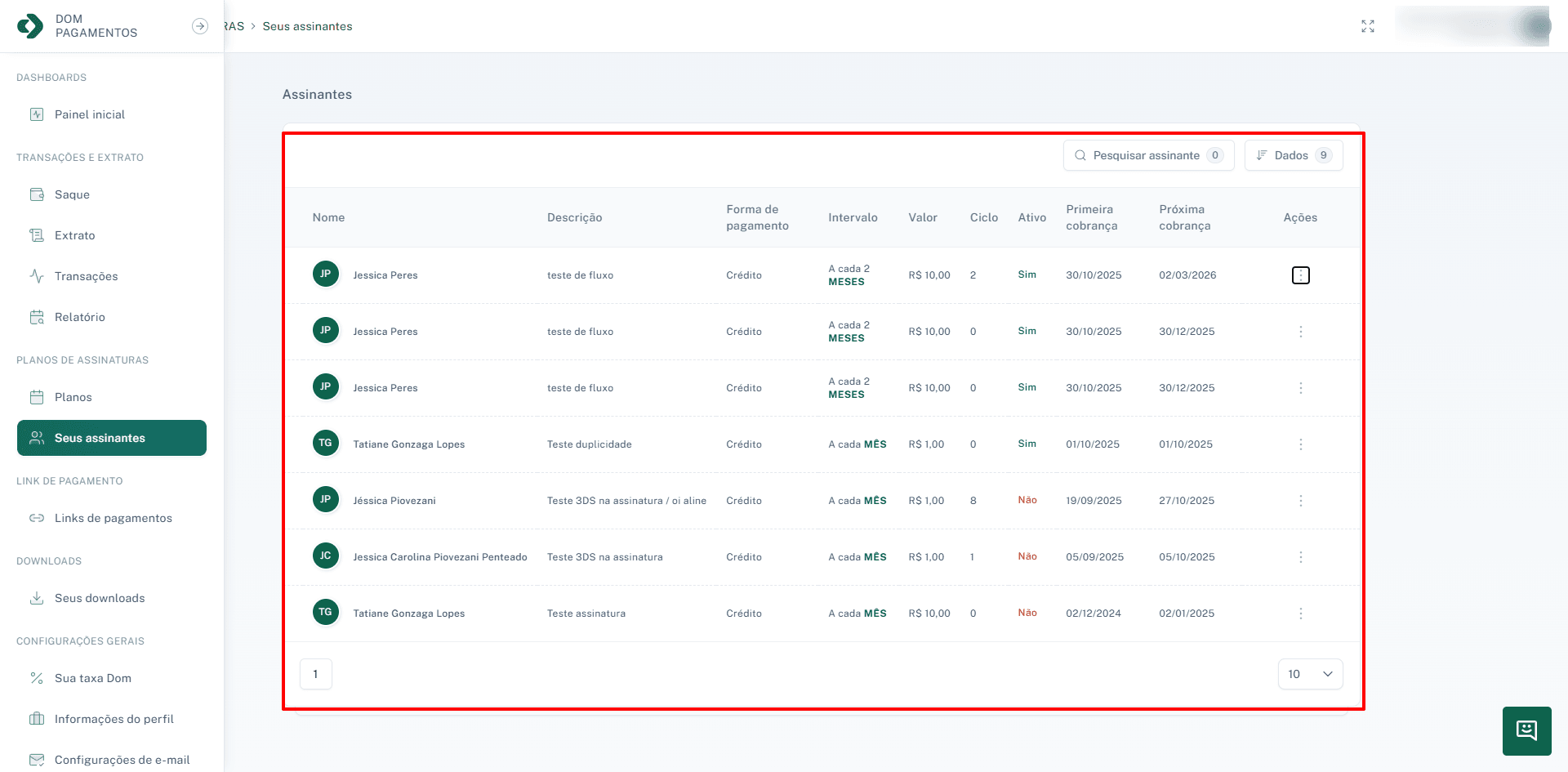 Tela principal de gerenciamento de assinantes.