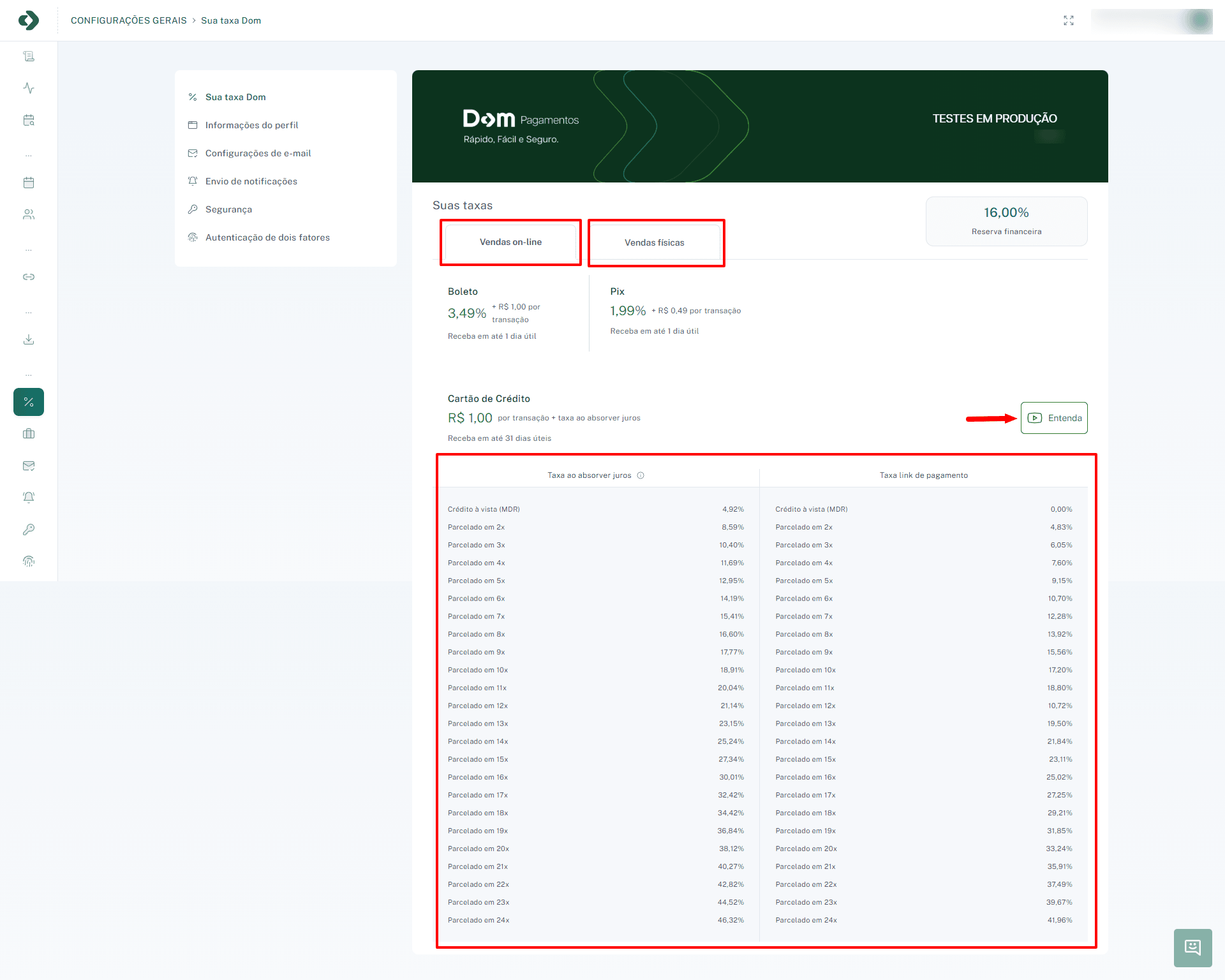 Seção de detalhamento da taxa de crédito parcelado.