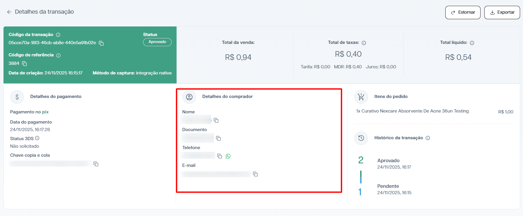 Seção de detalhes do comprador em uma transação.
