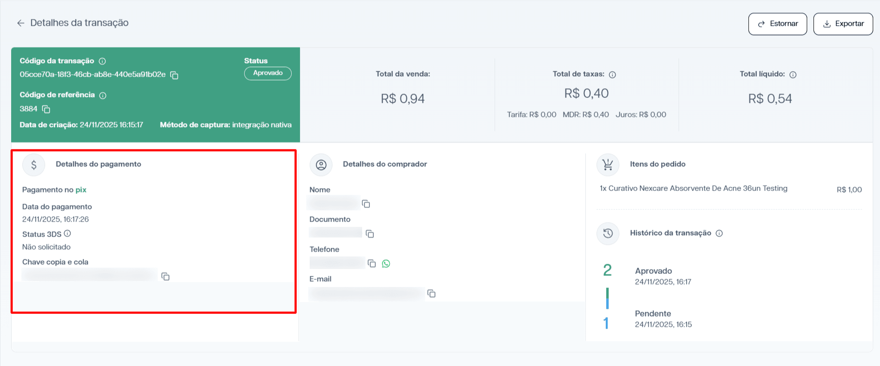Seção de detalhes do pagamento em uma transação.