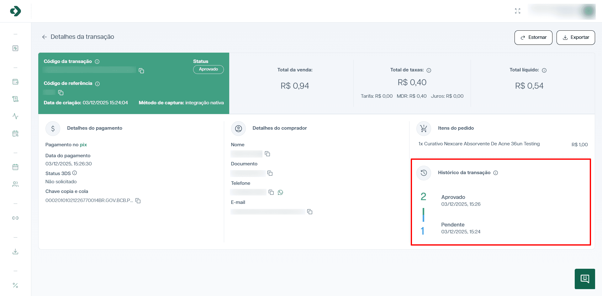 Seção de histórico da transação.