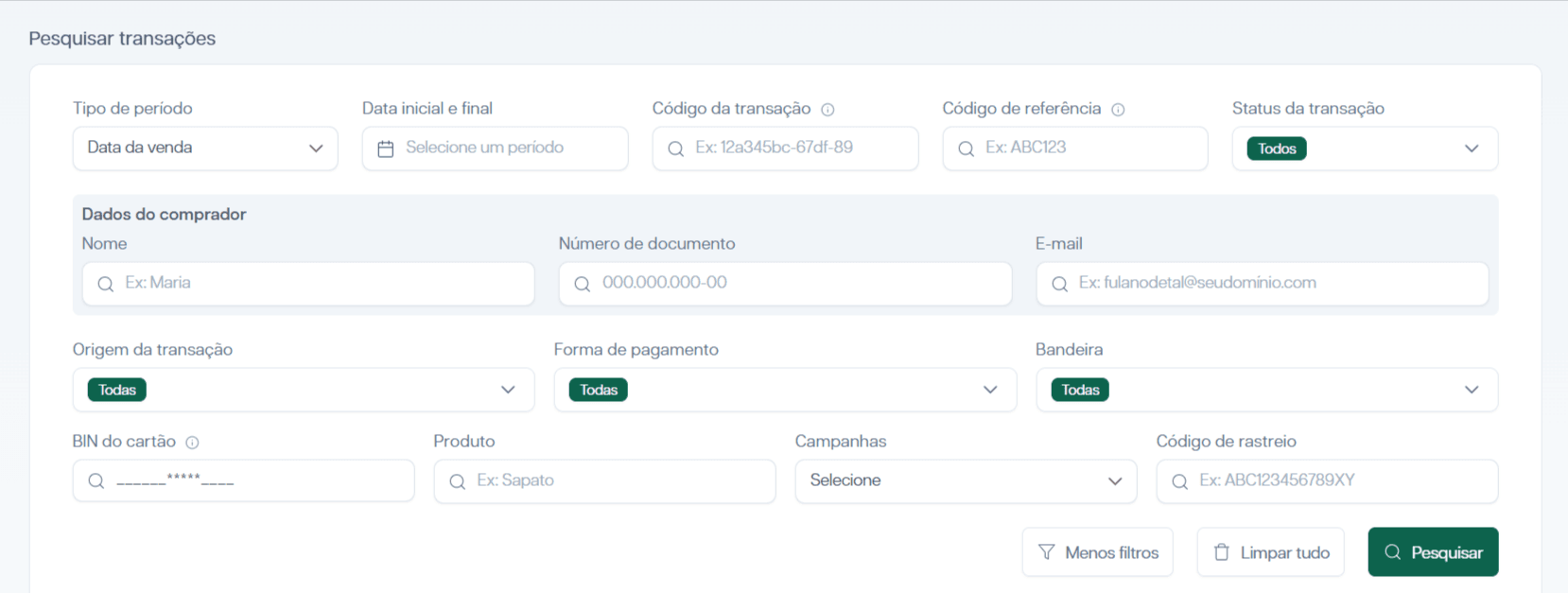 Filtros disponíveis para pesquisar transações.