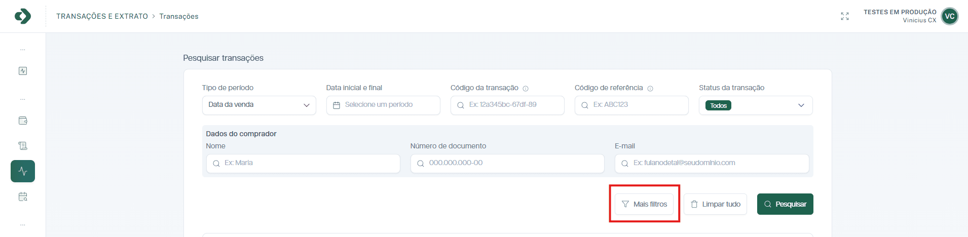 Visão geral da tela de transações da Dom Pagamentos.