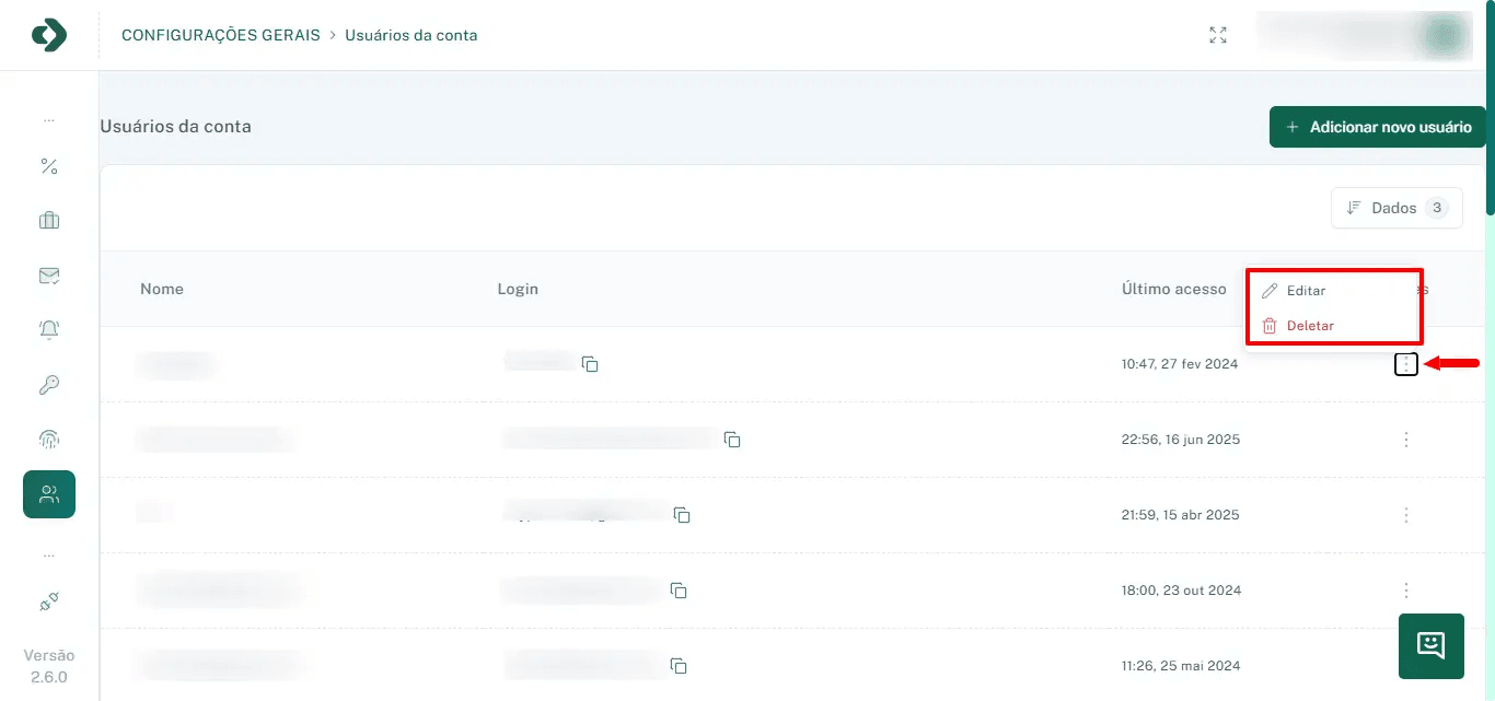 Lista de usuários com ações de editar e deletar.