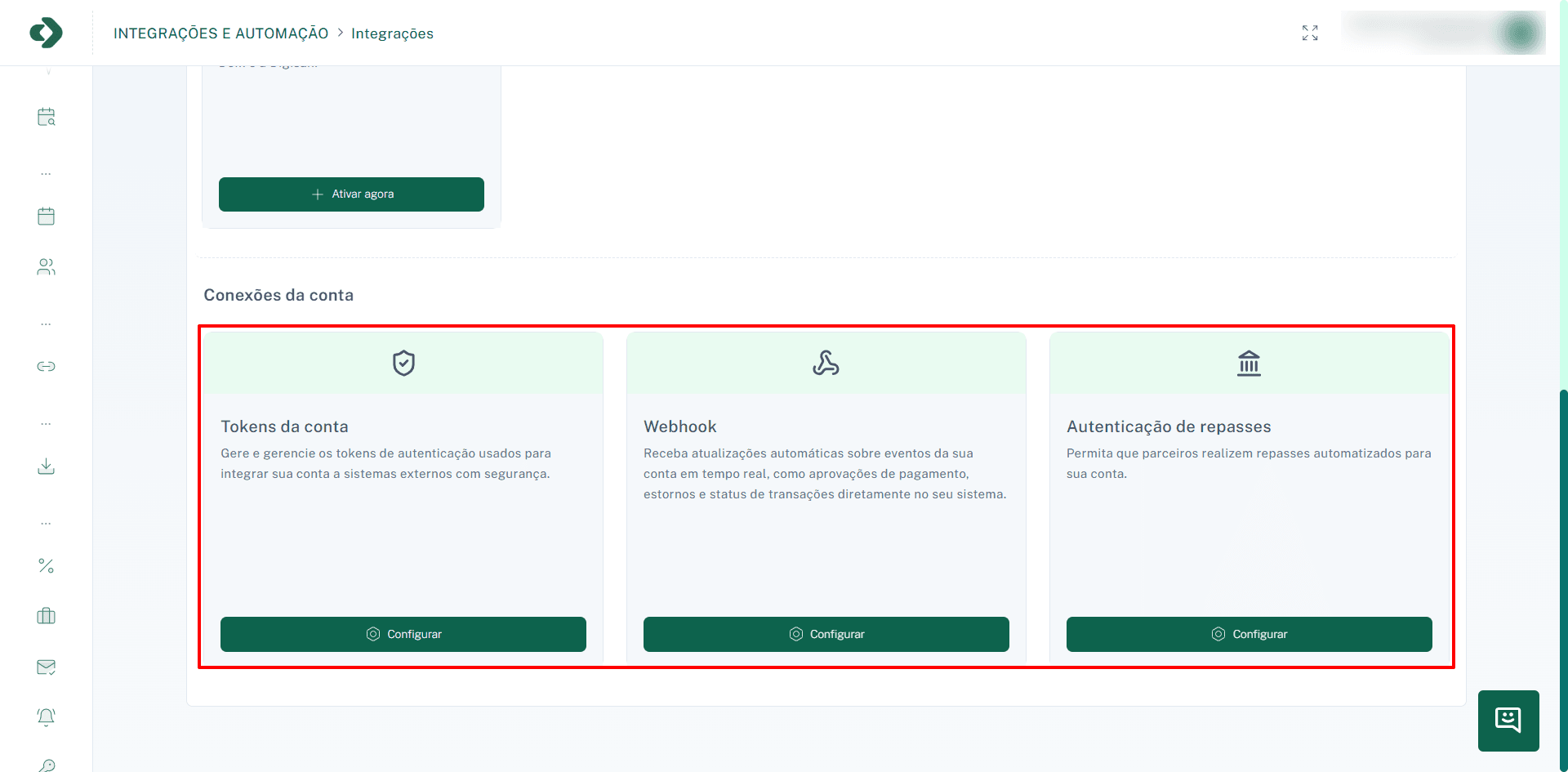 Seção de conexões da conta com Tokens e Webhooks.