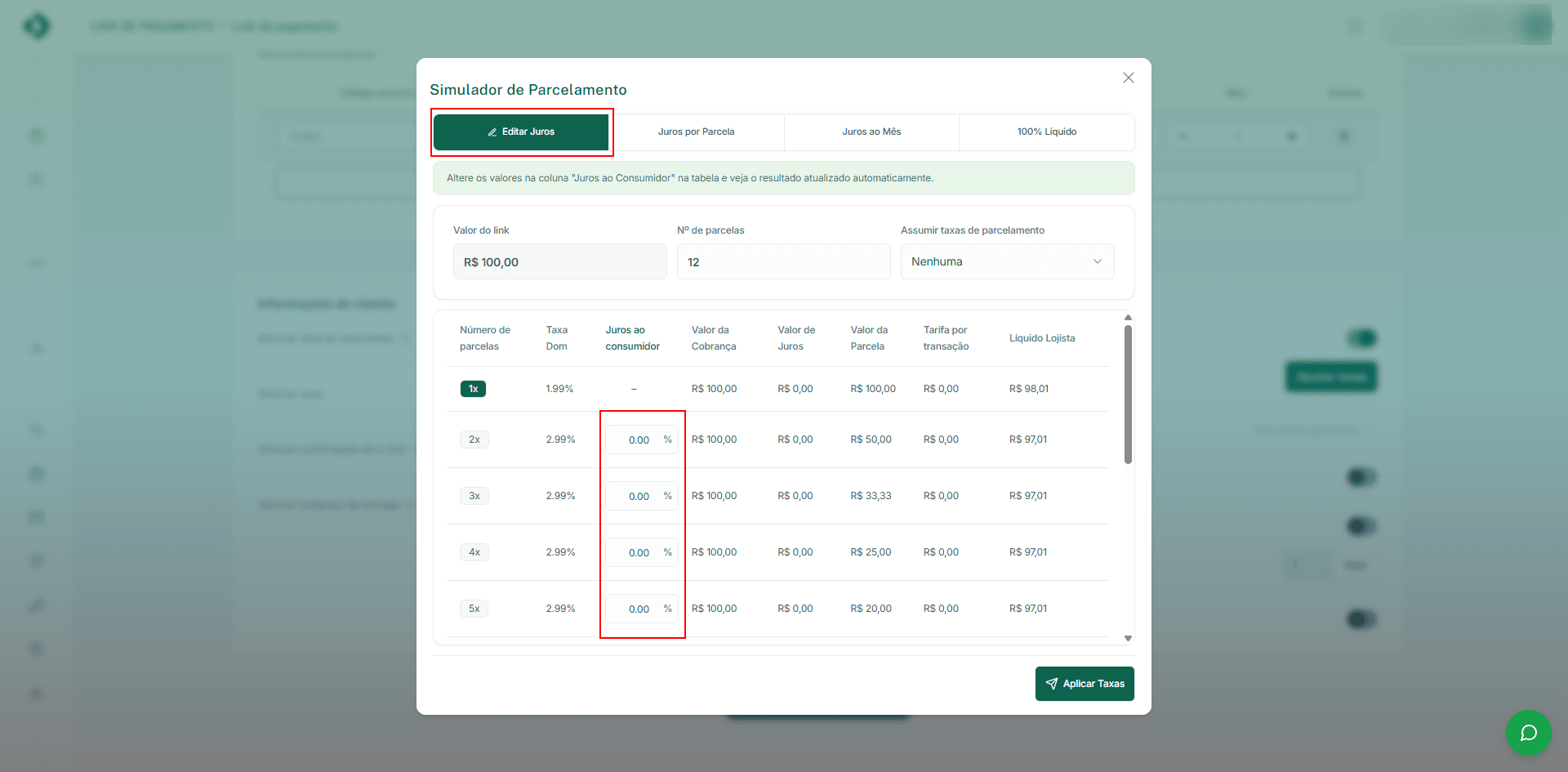 Edite manualmente os juros por parcela.