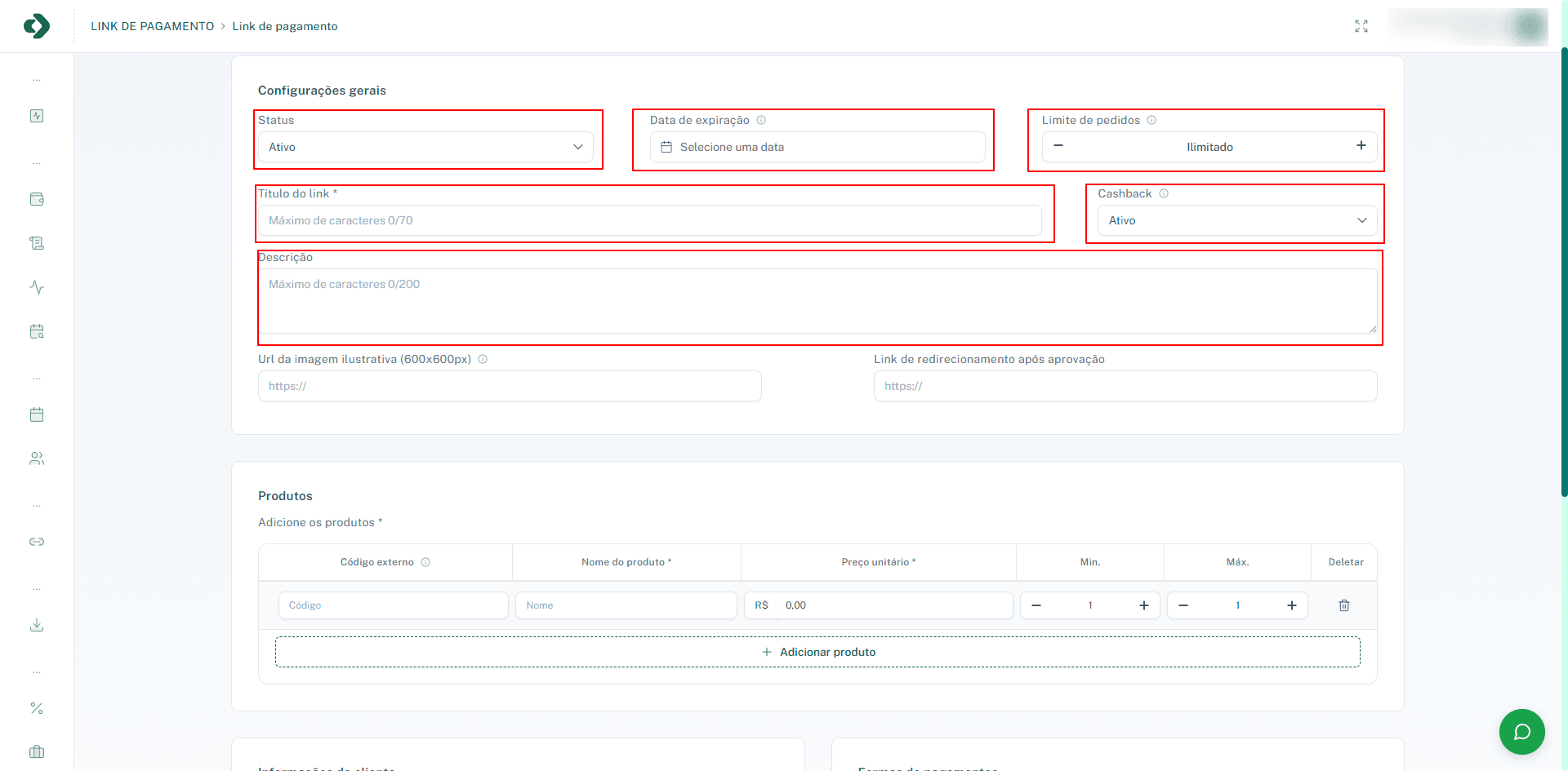 Preencha as configurações principais do link antes de prosseguir.