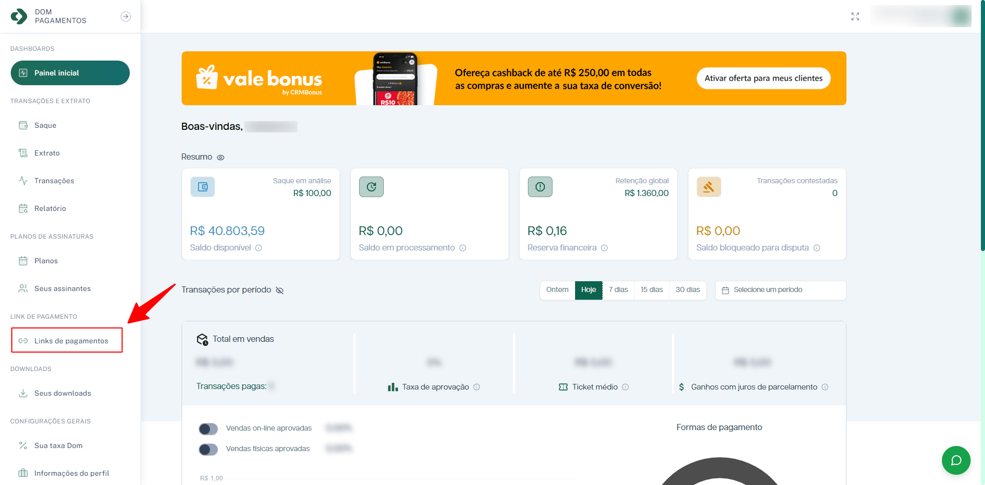 No menu lateral, clique em Links de pagamentos para acessar a tela de gestão dos links.