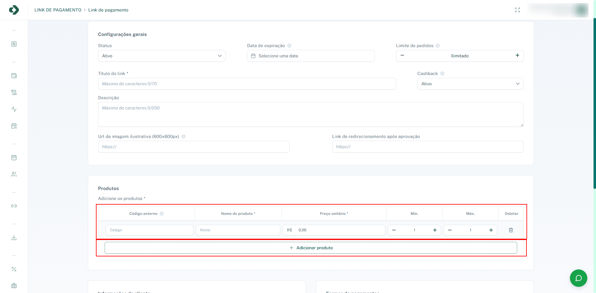 Adicione os produtos que serão cobrados no link.