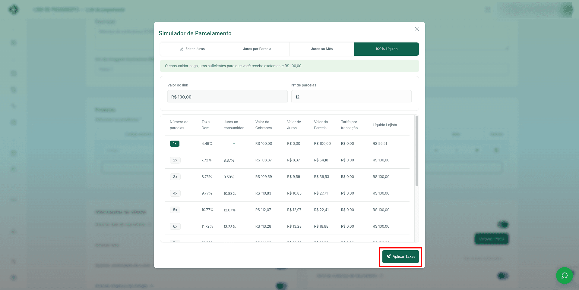 Aplique as taxas simuladas ao link.