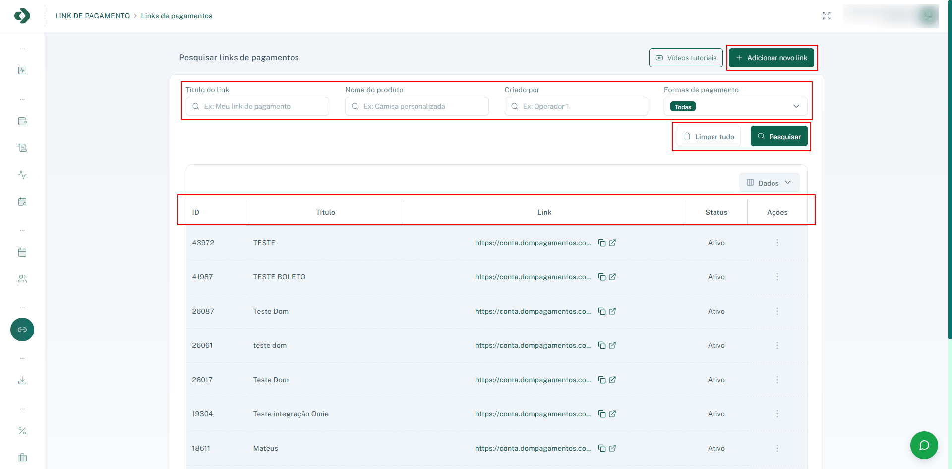 Nesta tela você pode localizar, consultar e criar links de pagamento.