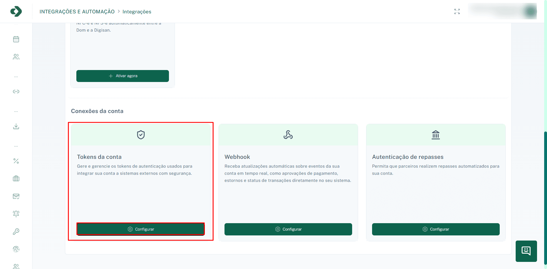Tela de Tokens da Conta